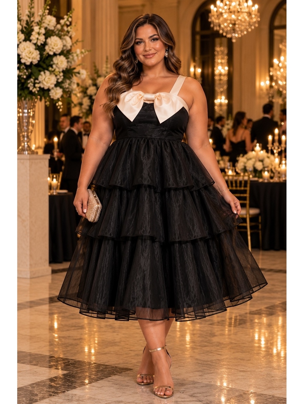 NWT Lulus Deluxe Vision Black Tiered Organza Bow Midi Dress XL